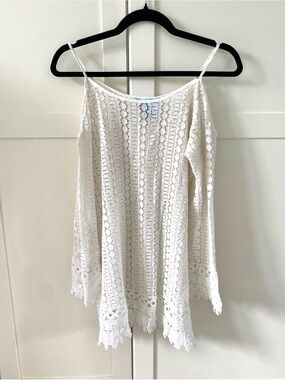 Solitaire Swim White Crochet Cold Shoulder Beach Dress Swimwear Cover Up Size M